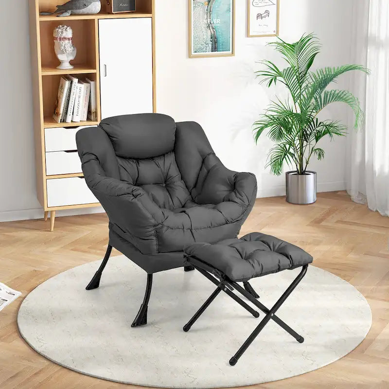 Gymax Lazy Sofa Chair Accent Leisure Armchair with Folding Footrest & 26