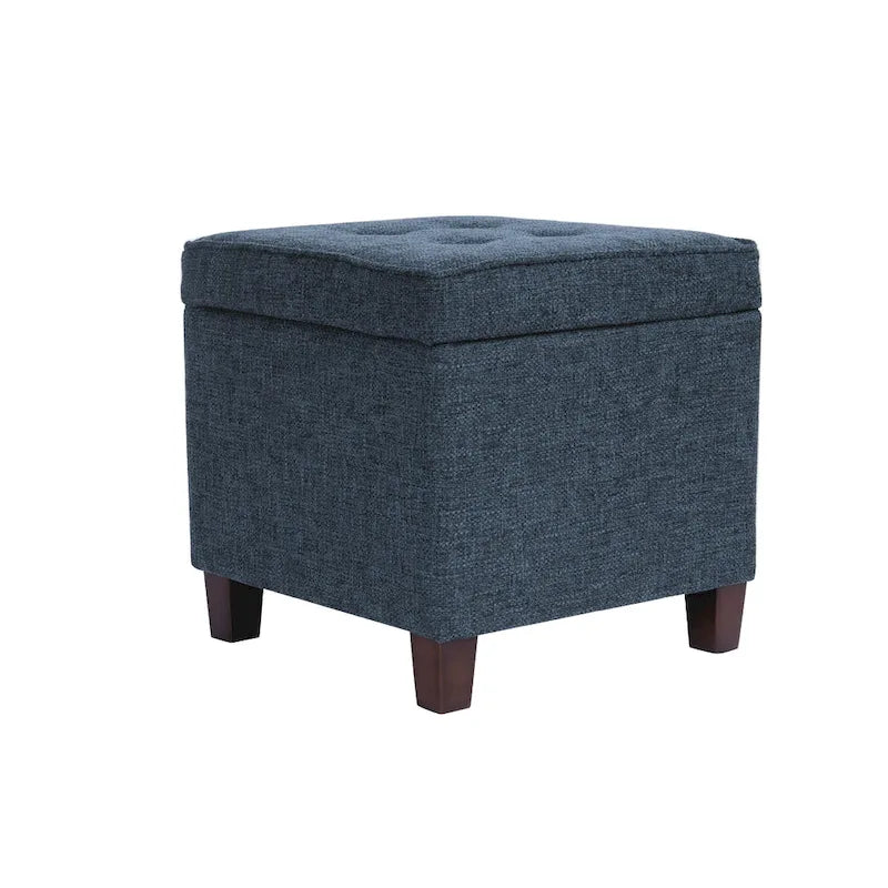 Hery Storage Ottoman, 18 Inch Square Tray Top, Navy Blue Woven Fabric