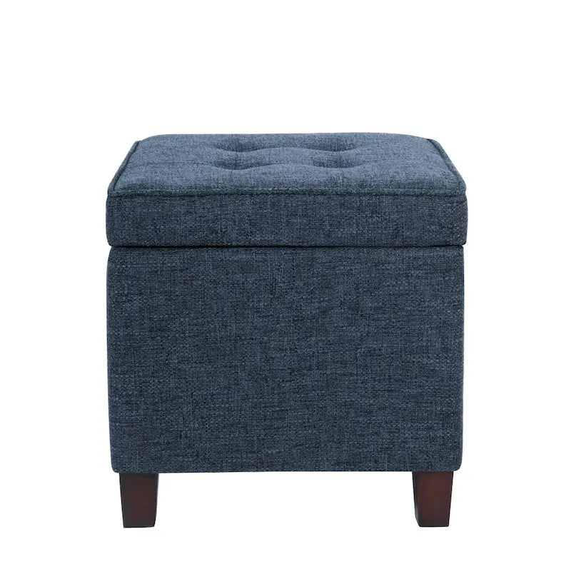 Hery Storage Ottoman, 18 Inch Square Tray Top, Navy Blue Woven Fabric