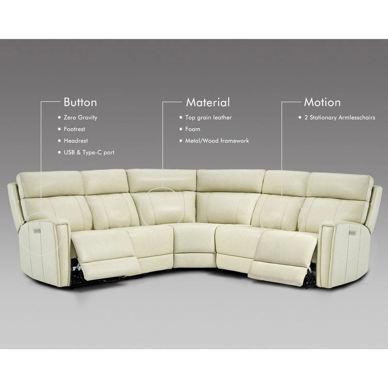 104 W 3-Color Genuine Leather Power Reclining sectional sofa With Zero Gravity, USB&USB-C Ports, 2StationaryArmlesschairs 2