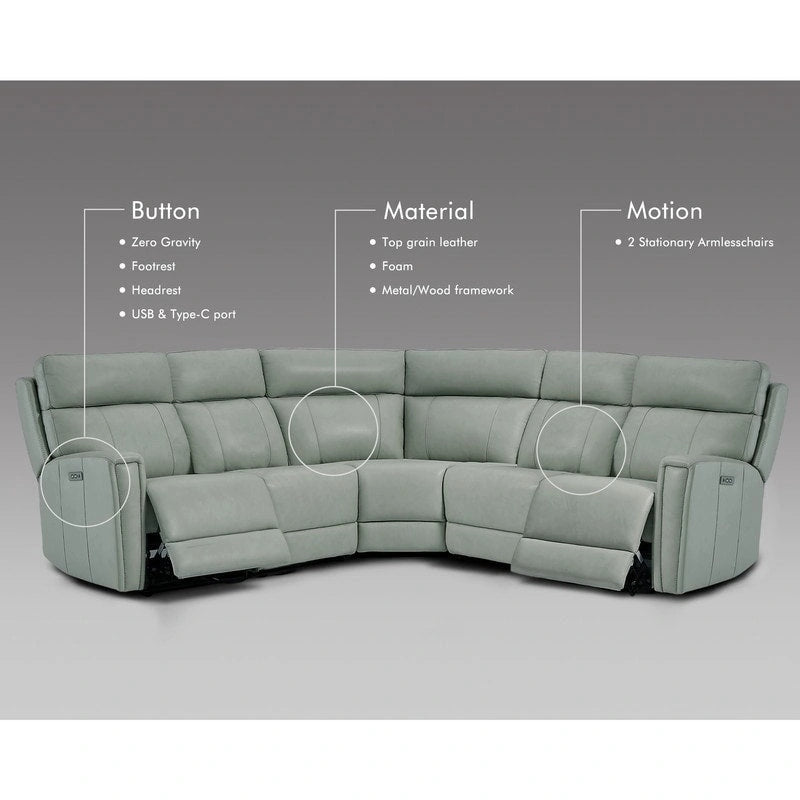104 W 3-Color Genuine Leather Power Reclining sectional sofa With Zero Gravity, USB&USB-C Ports, 2StationaryArmlesschairs 8