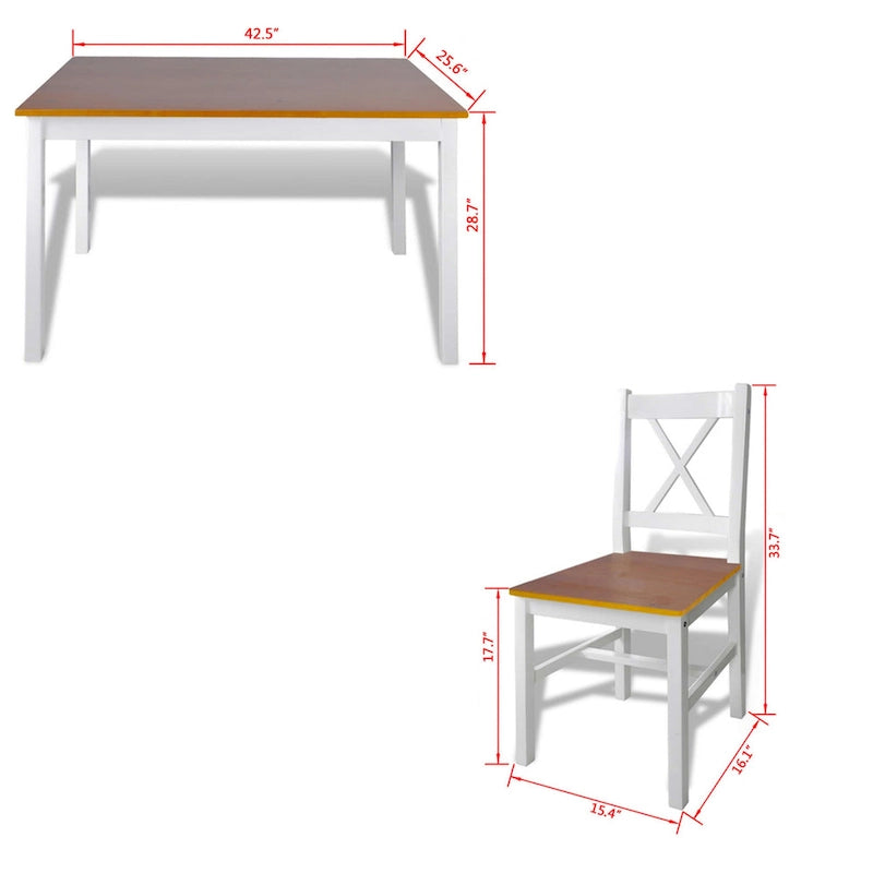 5pc Dining Table Set, 43 Inch Rectangular, 4 Chairs, Brown White Wood 5