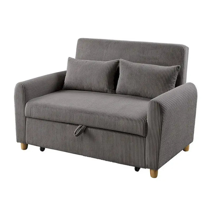 Tina 54 Inch Convertible Sleeper Loveseat, Round Arms, 2 Pillows, Brown 3