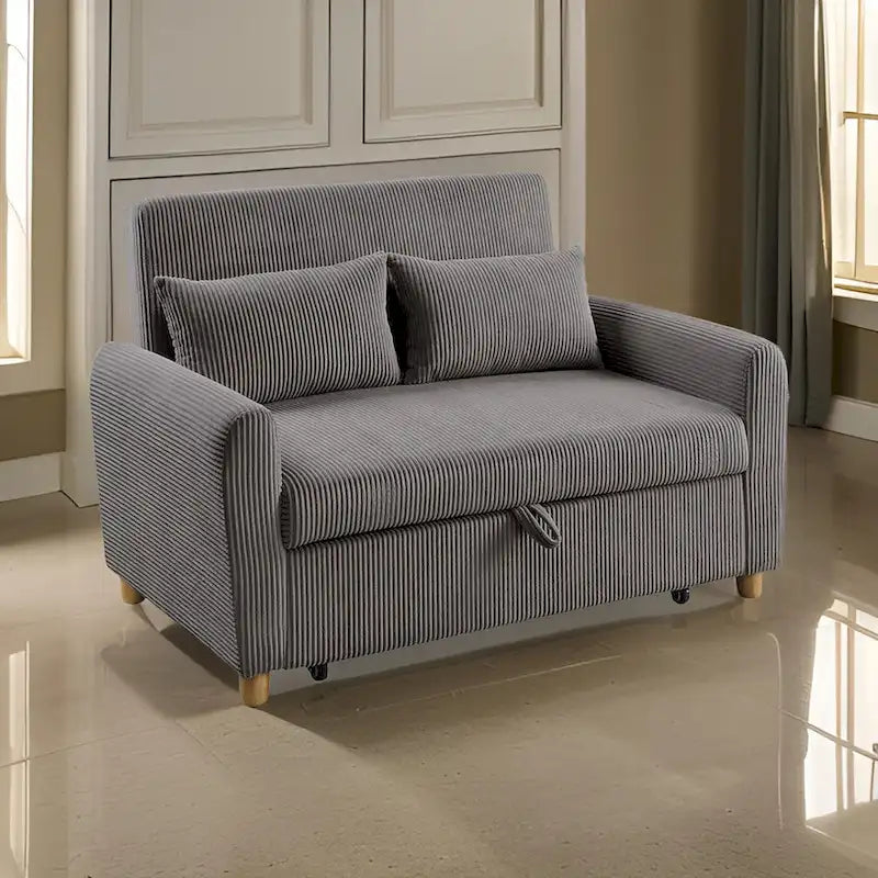 Tina 54 Inch Convertible Sleeper Loveseat, Round Arms, 2 Pillows, Brown 6