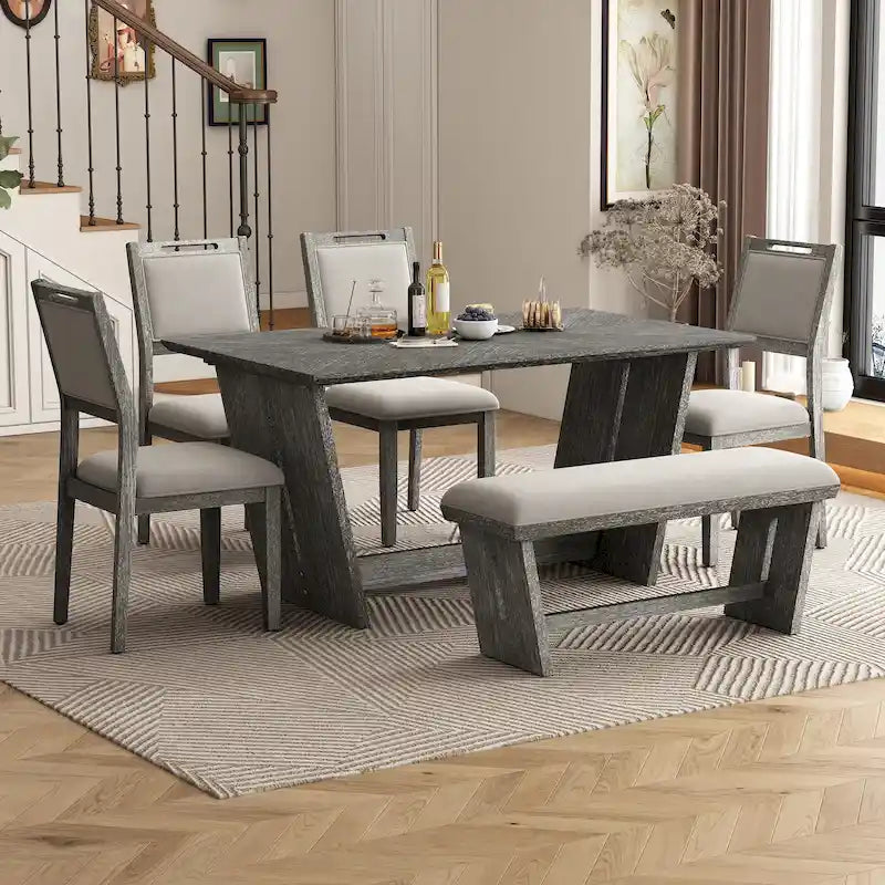 6 Pcs Dining Table Set, Wood Dining Kitchen Table and Chairs Set with Rectangular Table, 4 Upholstered Chairs and 1 Bench 34