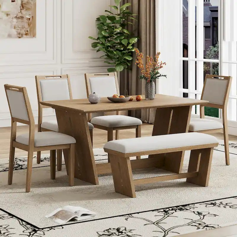 6 Pcs Dining Table Set, Wood Dining Kitchen Table and Chairs Set with Rectangular Table, 4 Upholstered Chairs and 1 Bench 35