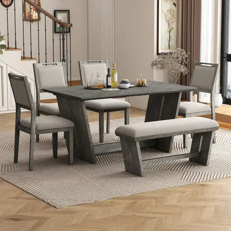 6 Pcs Dining Table Set, Wood Dining Kitchen Table and Chairs Set with Rectangular Table, 4 Upholstered Chairs and 1 Bench