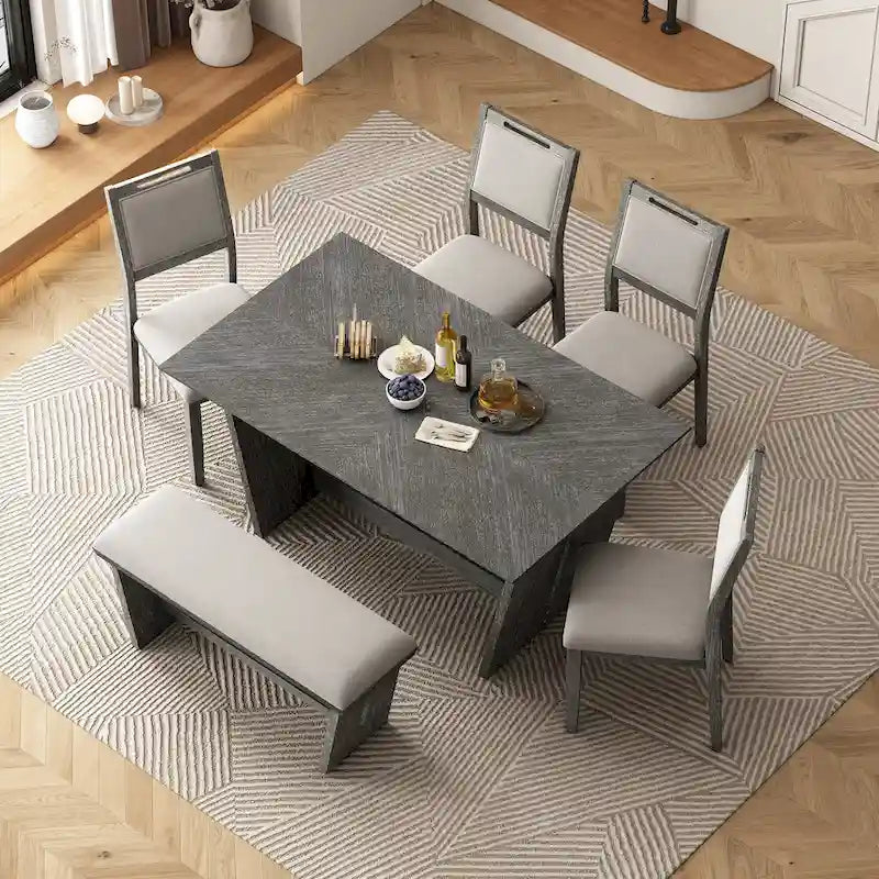 6 Pcs Dining Table Set, Wood Dining Kitchen Table and Chairs Set with Rectangular Table, 4 Upholstered Chairs and 1 Bench 3
