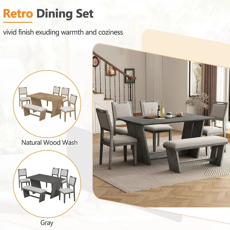 6 Pcs Dining Table Set, Wood Dining Kitchen Table and Chairs Set with Rectangular Table, 4 Upholstered Chairs and 1 Bench 5