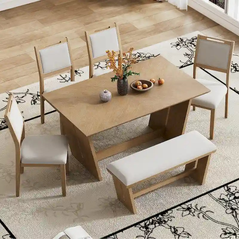 6 Pcs Dining Table Set, Wood Dining Kitchen Table and Chairs Set with Rectangular Table, 4 Upholstered Chairs and 1 Bench 23