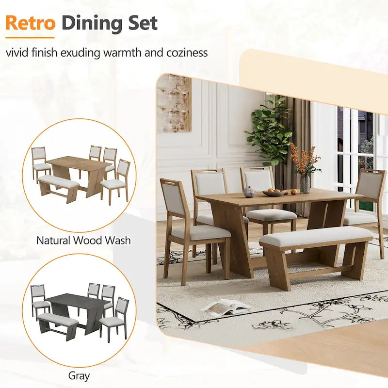 6 Pcs Dining Table Set, Wood Dining Kitchen Table and Chairs Set with Rectangular Table, 4 Upholstered Chairs and 1 Bench 24