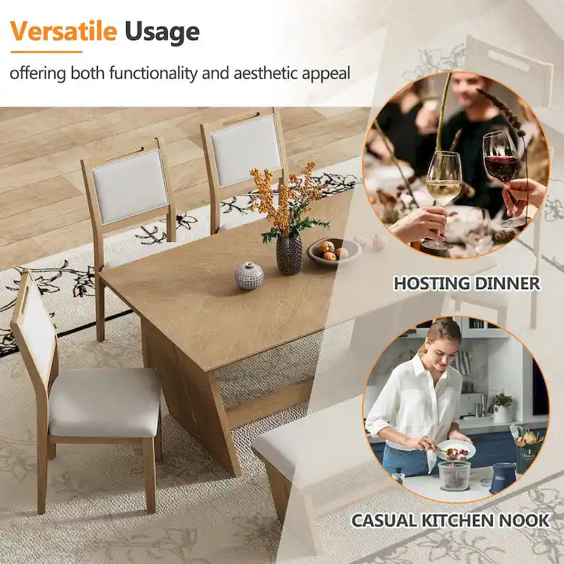 6 Pcs Dining Table Set, Wood Dining Kitchen Table and Chairs Set with Rectangular Table, 4 Upholstered Chairs and 1 Bench 27