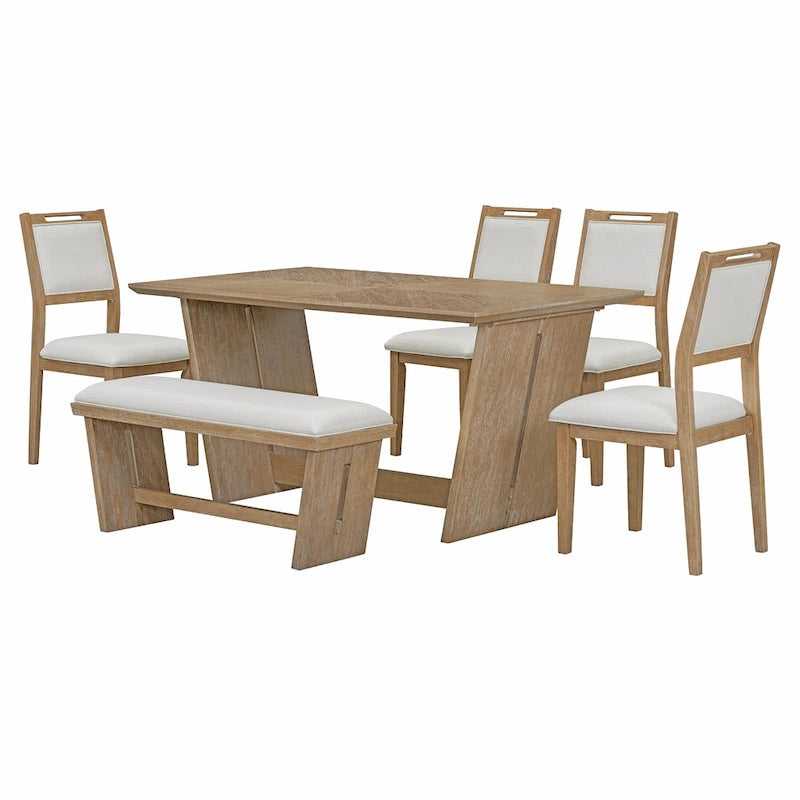 6 Pcs Dining Table Set, Wood Dining Kitchen Table and Chairs Set with Rectangular Table, 4 Upholstered Chairs and 1 Bench 28