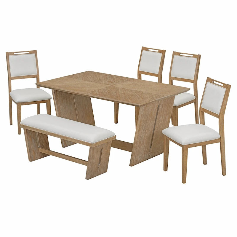 6 Pcs Dining Table Set, Wood Dining Kitchen Table and Chairs Set with Rectangular Table, 4 Upholstered Chairs and 1 Bench 29