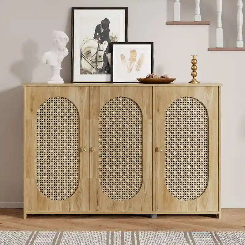 Buffet Cabinet with Artificial Rattan Doors, 3-Door Sideboard Cabinet with Shelves, Coffee Bar Cabinet with Metal Handles 4