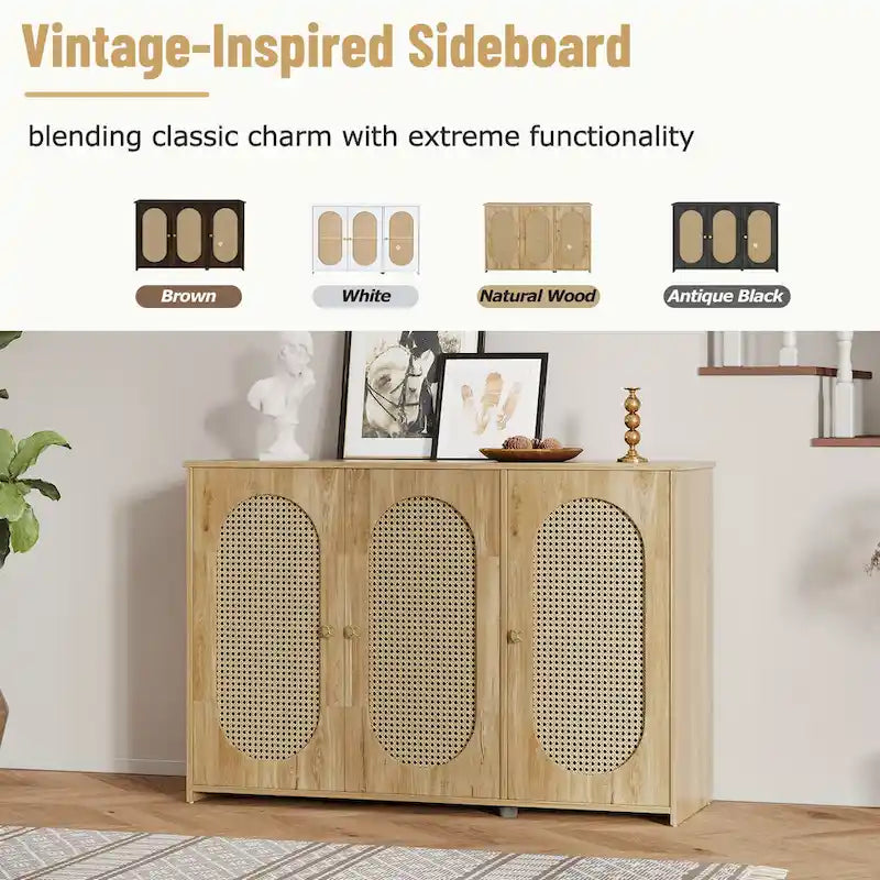 Buffet Cabinet with Artificial Rattan Doors, 3-Door Sideboard Cabinet with Shelves, Coffee Bar Cabinet with Metal Handles 5