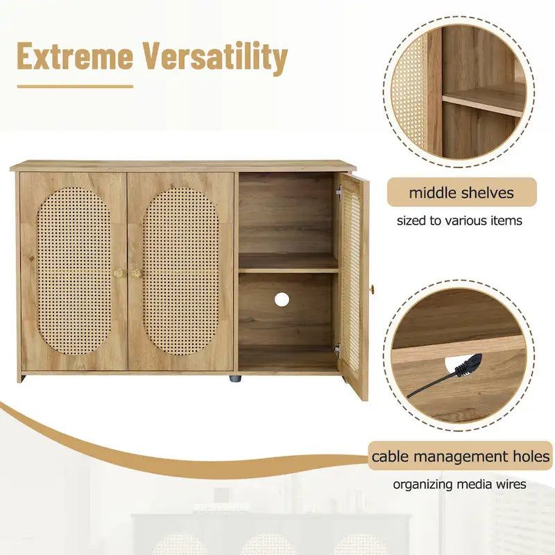 Buffet Cabinet with Artificial Rattan Doors, 3-Door Sideboard Cabinet with Shelves, Coffee Bar Cabinet with Metal Handles 6