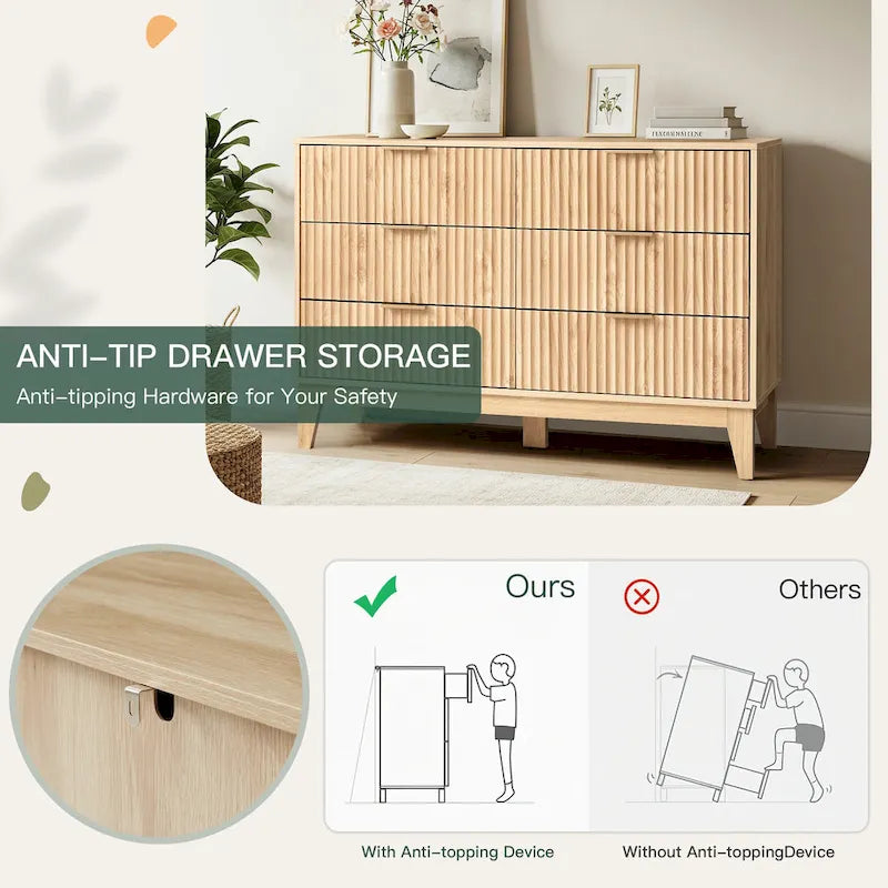 EROMMY Fluted Dresser 6 Drawer Mid Century Modern Dresser Wide Chest of Drawers with Metal Handles for Bedroom Living Room 2