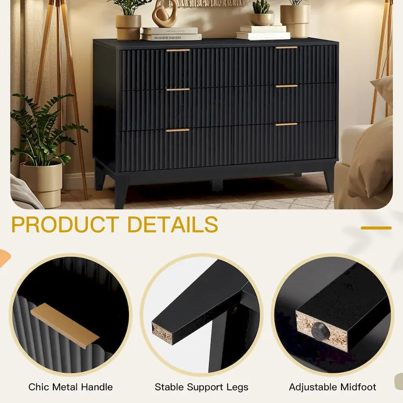 EROMMY Fluted Dresser 6 Drawer Mid Century Modern Dresser Wide Chest of Drawers with Metal Handles for Bedroom Living Room 5