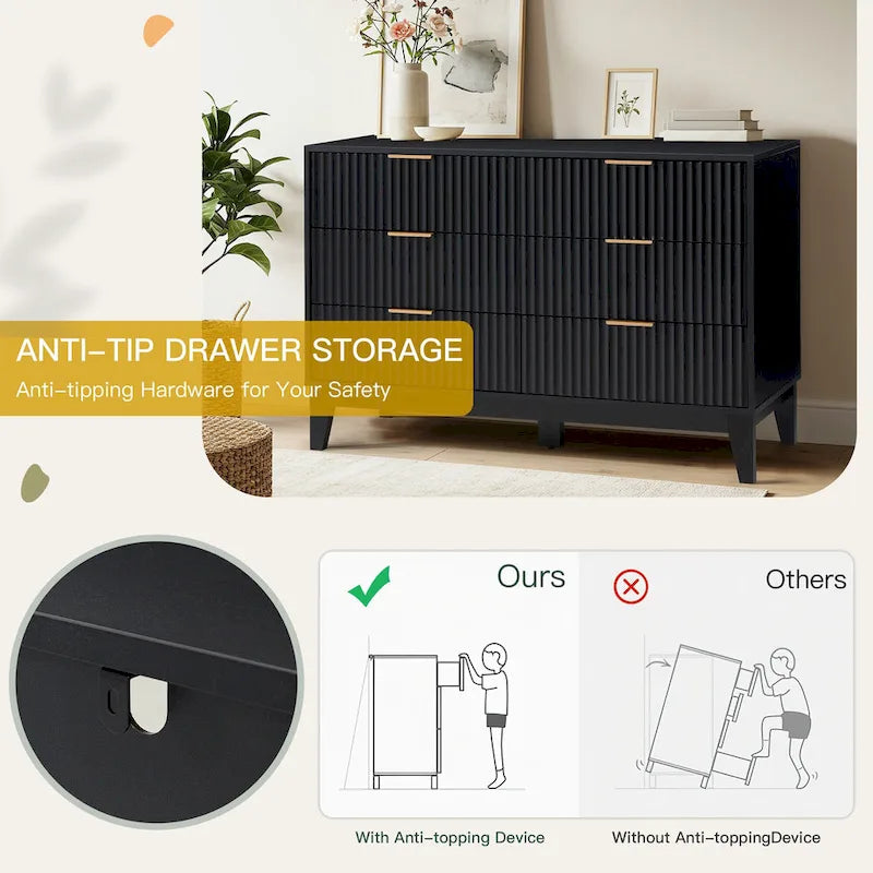 EROMMY Fluted Dresser 6 Drawer Mid Century Modern Dresser Wide Chest of Drawers with Metal Handles for Bedroom Living Room 6