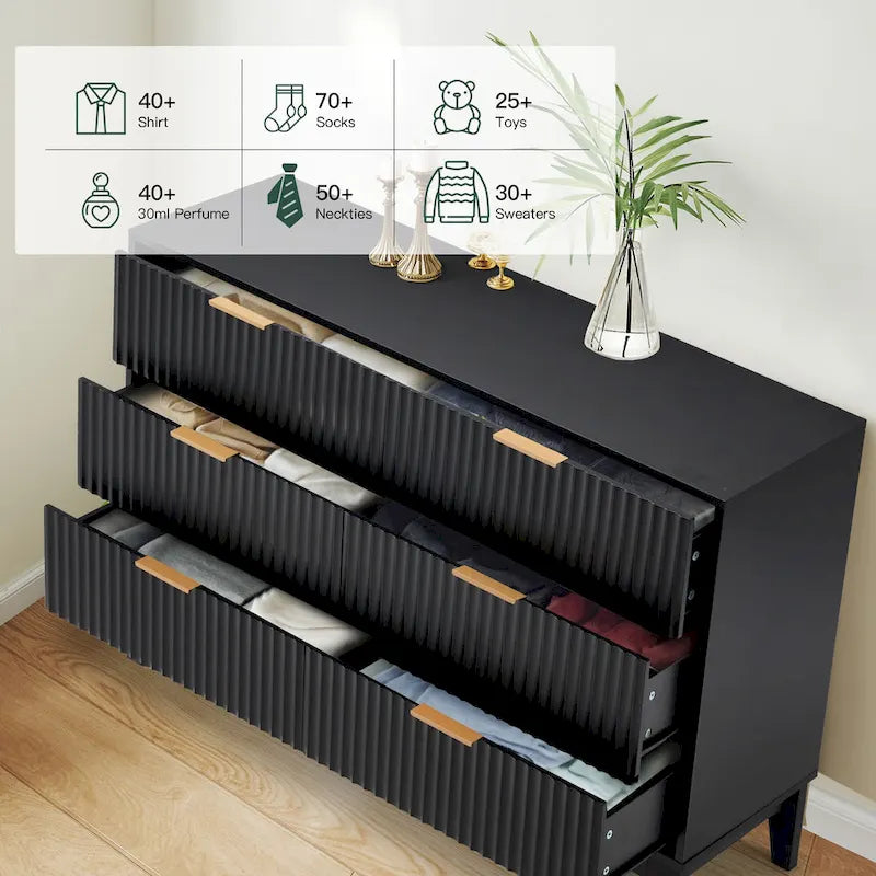 EROMMY Fluted Dresser 6 Drawer Mid Century Modern Dresser Wide Chest of Drawers with Metal Handles for Bedroom Living Room 8