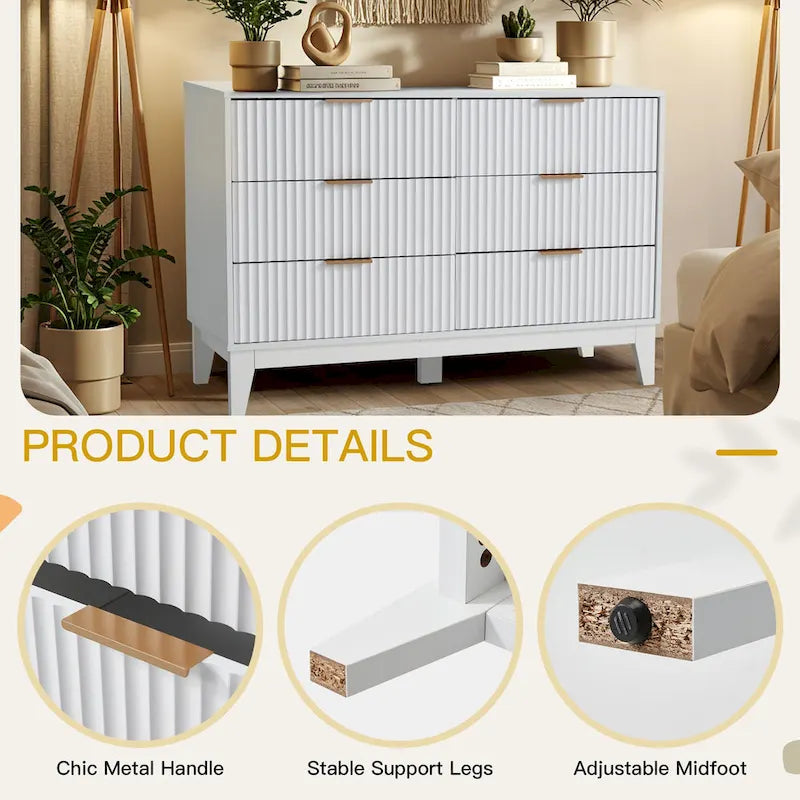 EROMMY Fluted Dresser 6 Drawer Mid Century Modern Dresser Wide Chest of Drawers with Metal Handles for Bedroom Living Room 15