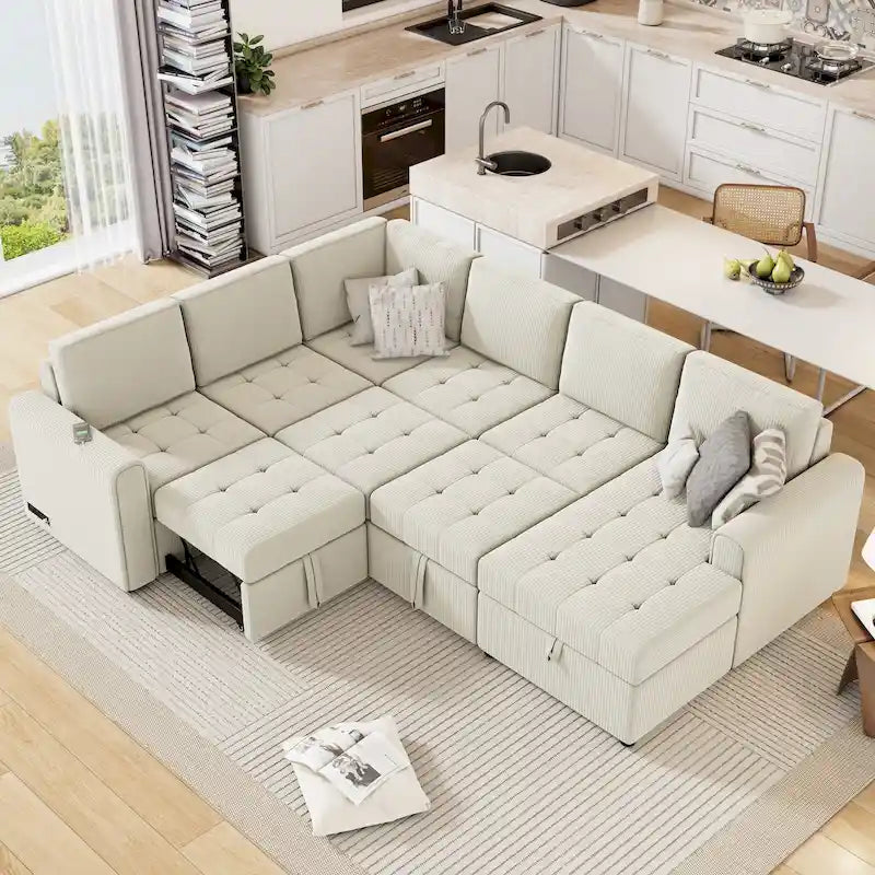 Roomfitters U-Shaped Sectional Sofa Pull-Out Bed with Storage Chaise Lounge and Built-In Charging Devices for Living Room 36