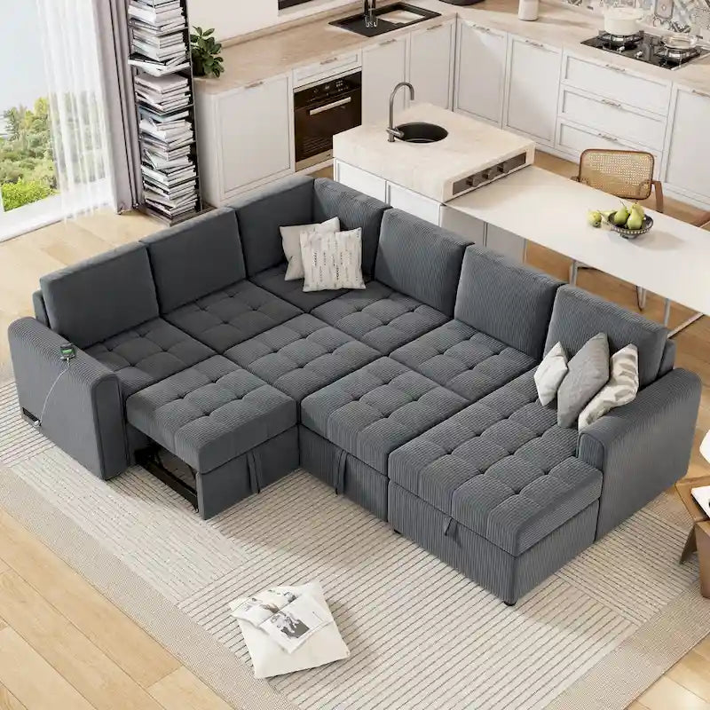 Divano Sezionale a U Roomfitters con Letto Estraibile, Chaise Longue Contenitore e Dispositivi di Ricarica Integrati per Soggiorno
