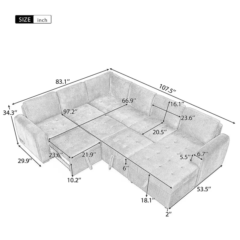 Roomfitters U-Shaped Sectional Sofa Pull-Out Bed with Storage Chaise Lounge and Built-In Charging Devices for Living Room 3