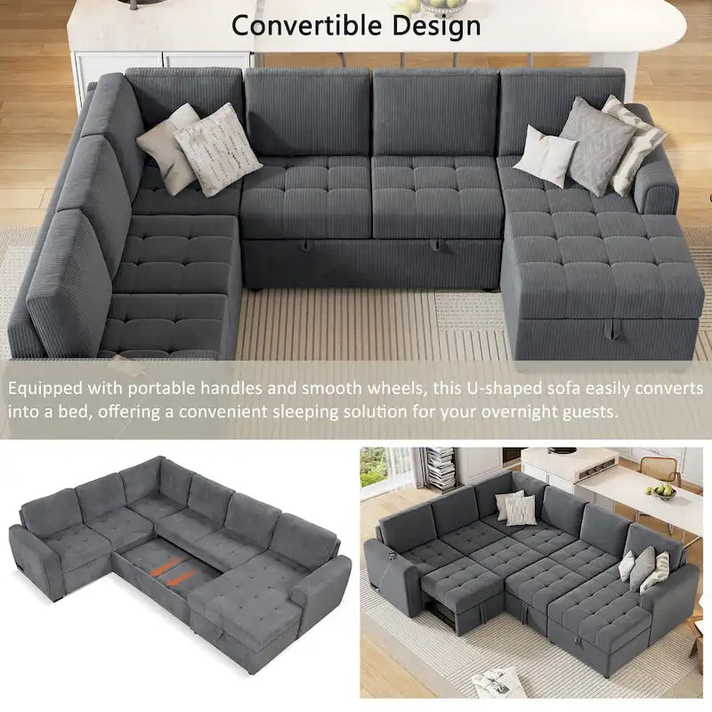 Roomfitters U-Shaped Sectional Sofa Pull-Out Bed with Storage Chaise Lounge and Built-In Charging Devices for Living Room 5
