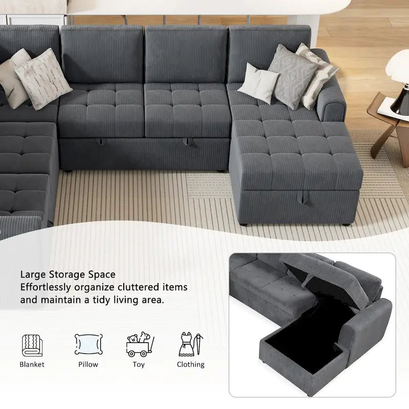 Roomfitters U-Shaped Sectional Sofa Pull-Out Bed with Storage Chaise Lounge and Built-In Charging Devices for Living Room 6