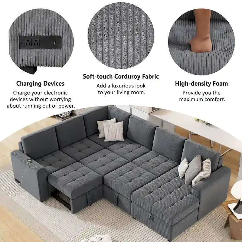 Roomfitters U-Shaped Sectional Sofa Pull-Out Bed with Storage Chaise Lounge and Built-In Charging Devices for Living Room 7