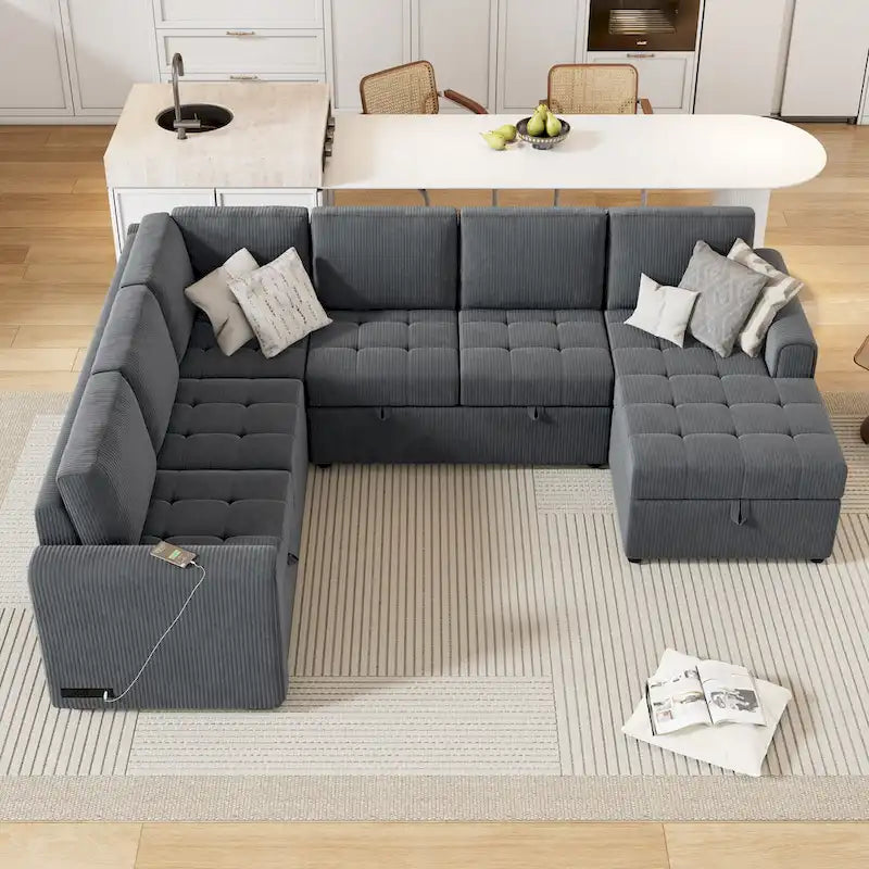 Roomfitters U-Shaped Sectional Sofa Pull-Out Bed with Storage Chaise Lounge and Built-In Charging Devices for Living Room 8