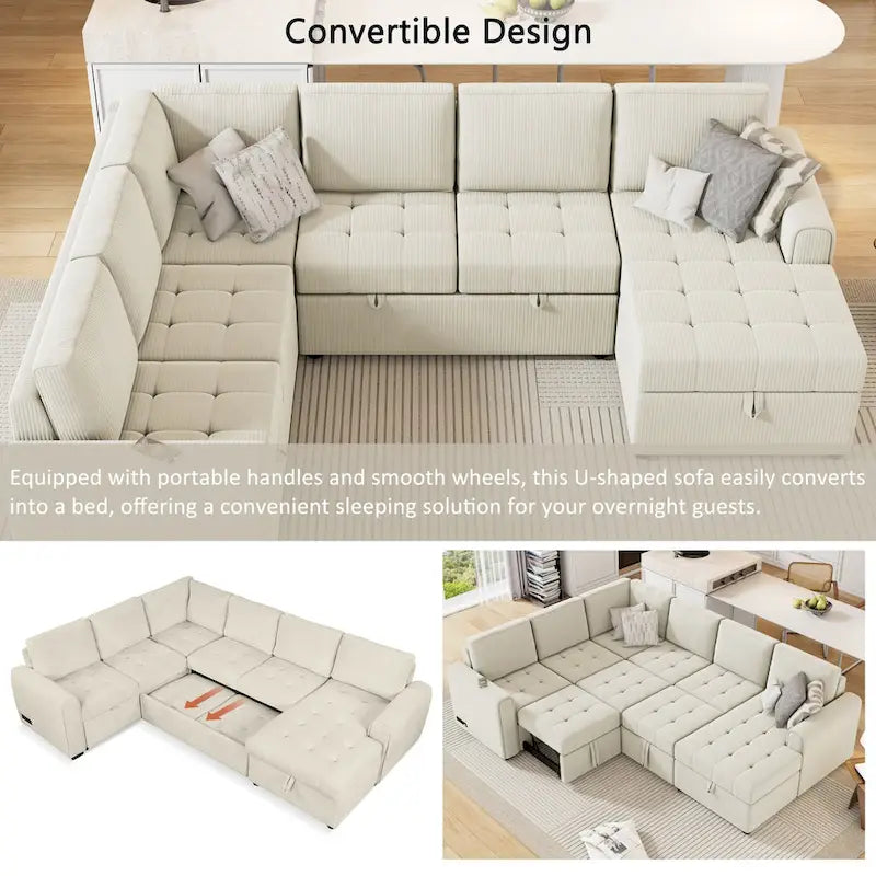 Roomfitters U-Shaped Sectional Sofa Pull-Out Bed with Storage Chaise Lounge and Built-In Charging Devices for Living Room 23