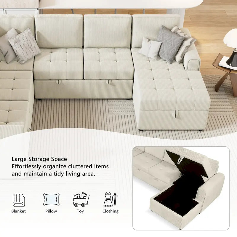 Roomfitters U-Shaped Sectional Sofa Pull-Out Bed with Storage Chaise Lounge and Built-In Charging Devices for Living Room 25