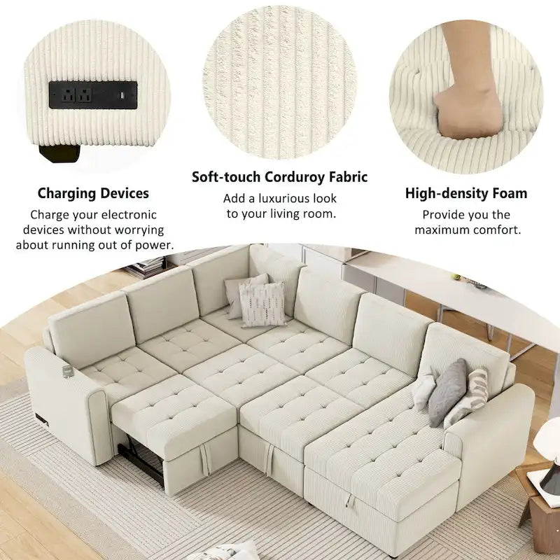 Roomfitters U-Shaped Sectional Sofa Pull-Out Bed with Storage Chaise Lounge and Built-In Charging Devices for Living Room 26