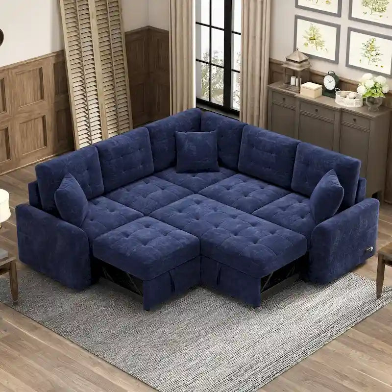 Roomfitters Pull-Out L-Shape Sofa Bed with Wheels, USB Ports, and Power Sockets, Functional Sleeper Sofa for Living Room Comfort 36