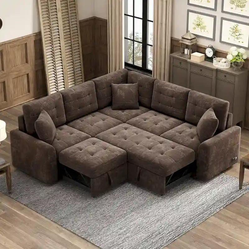 Roomfitters Pull-Out L-Shape Sofa Bed with Wheels, USB Ports, and Power Sockets, Functional Sleeper Sofa for Living Room Comfort 2