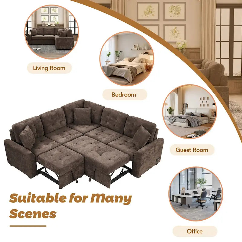 Roomfitters Pull-Out L-Shape Sofa Bed with Wheels, USB Ports, and Power Sockets, Functional Sleeper Sofa for Living Room Comfort 8