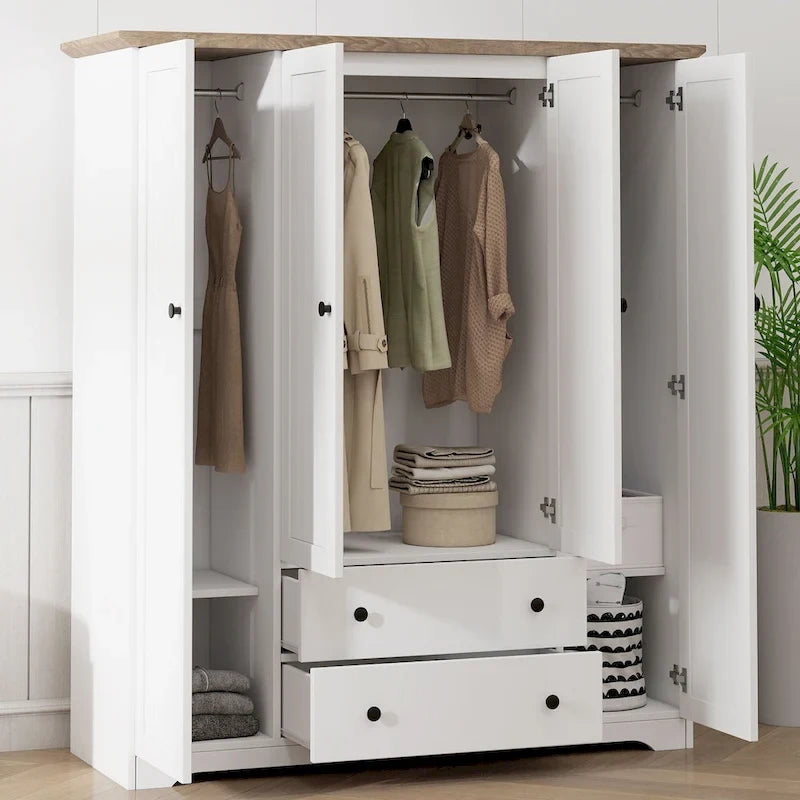 4 Door Wardrobe Armoire Closet with 2 Drawers, Freestanding Wardrobe Clothes Storage Cabinet with Hanging Rods 3