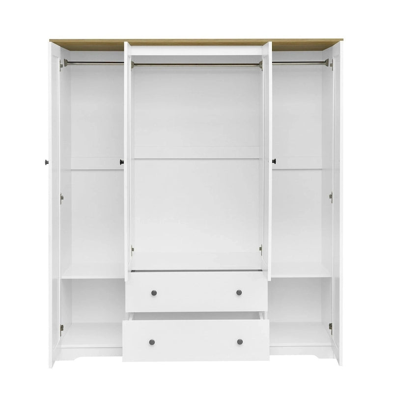 4 Door Wardrobe Armoire Closet with 2 Drawers, Freestanding Wardrobe Clothes Storage Cabinet with Hanging Rods 6