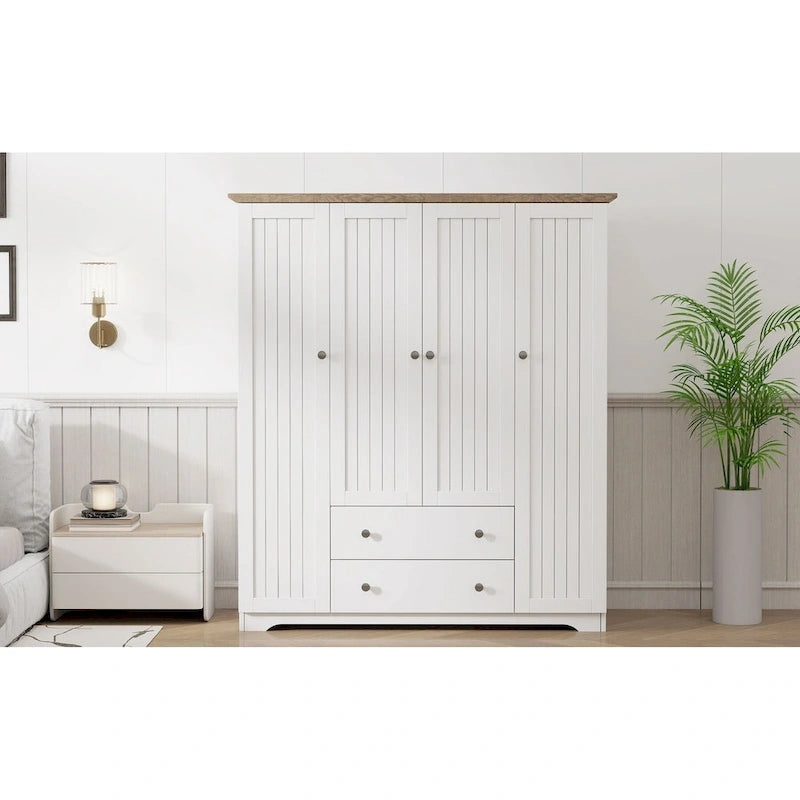 4 Door Wardrobe Armoire Closet with 2 Drawers, Freestanding Wardrobe Clothes Storage Cabinet with Hanging Rods 12