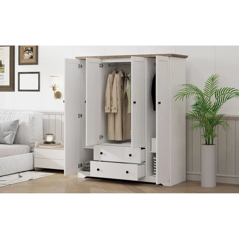 4 Door Wardrobe Armoire Closet with 2 Drawers, Freestanding Wardrobe Clothes Storage Cabinet with Hanging Rods 13