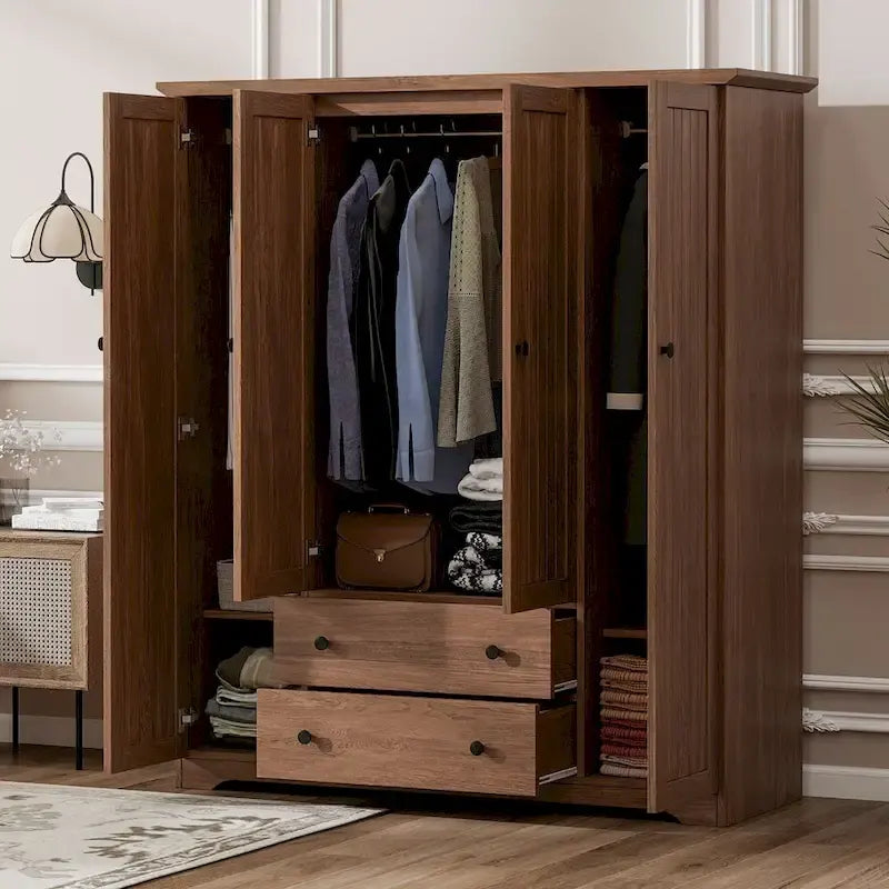4 Door Wardrobe Armoire Closet with 2 Drawers, Freestanding Wardrobe Clothes Storage Cabinet with Hanging Rods 15