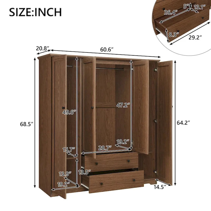 4 Door Wardrobe Armoire Closet with 2 Drawers, Freestanding Wardrobe Clothes Storage Cabinet with Hanging Rods 18
