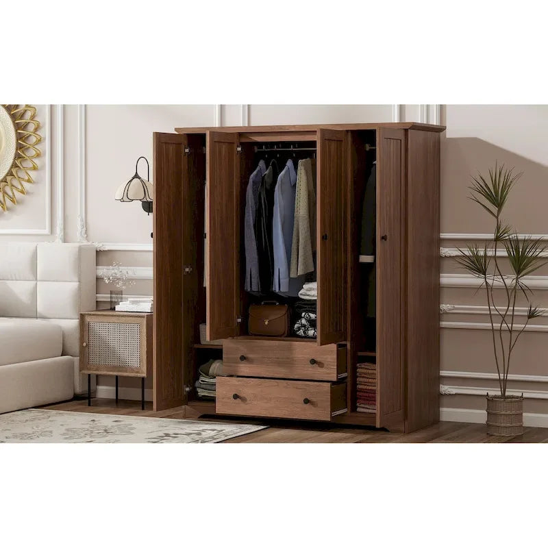 4 Door Wardrobe Armoire Closet with 2 Drawers, Freestanding Wardrobe Clothes Storage Cabinet with Hanging Rods 25