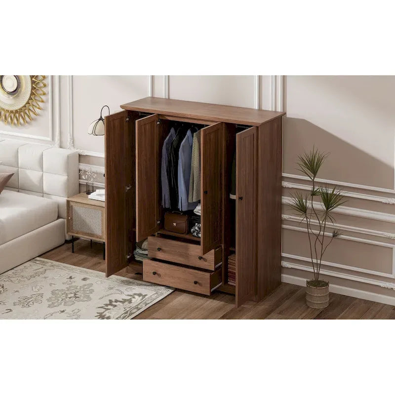 4 Door Wardrobe Armoire Closet with 2 Drawers, Freestanding Wardrobe Clothes Storage Cabinet with Hanging Rods 26