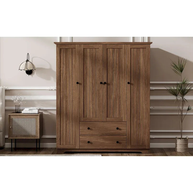 4 Door Wardrobe Armoire Closet with 2 Drawers, Freestanding Wardrobe Clothes Storage Cabinet with Hanging Rods 27