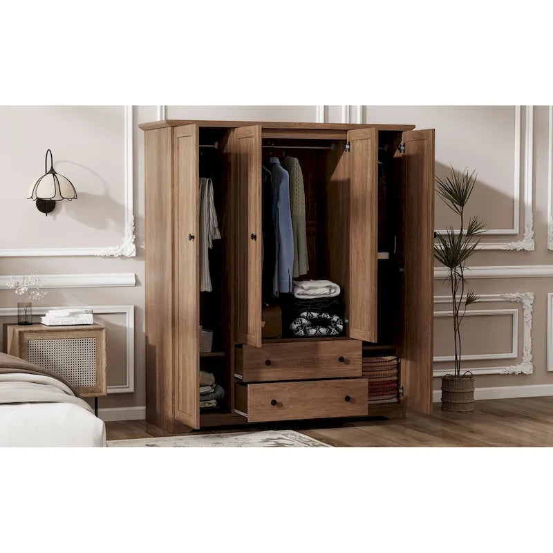 4 Door Wardrobe Armoire Closet with 2 Drawers, Freestanding Wardrobe Clothes Storage Cabinet with Hanging Rods 28
