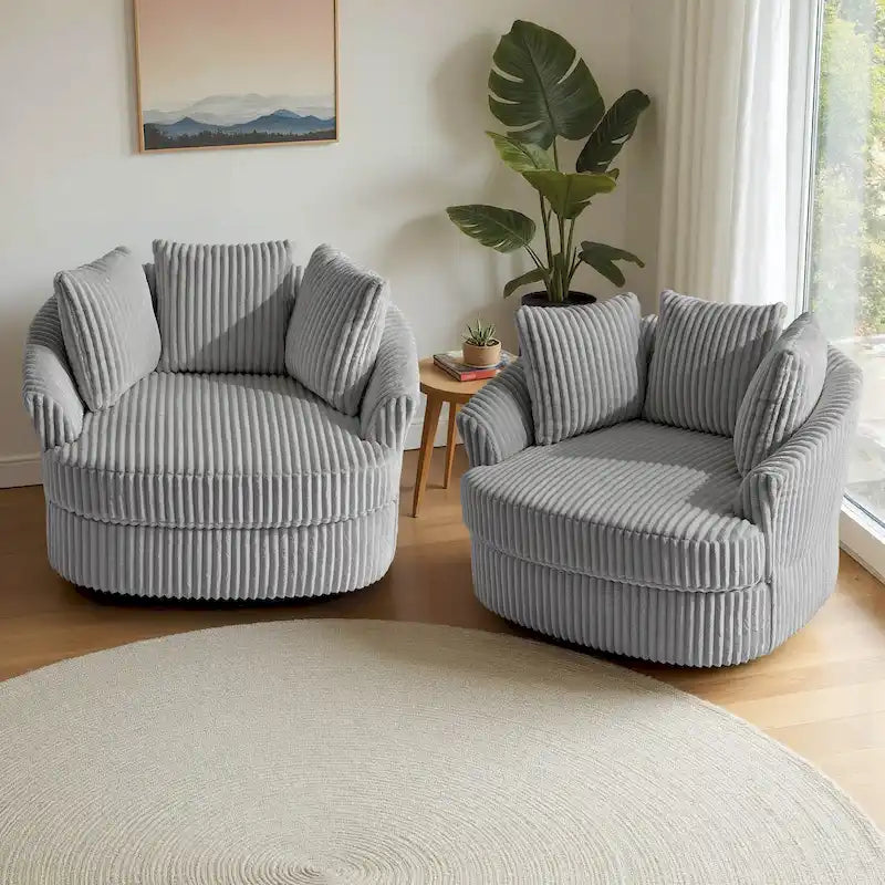 2 Set Oversized 43 W Plush Corduroy Swivel Barrel Chair with Pillows 38